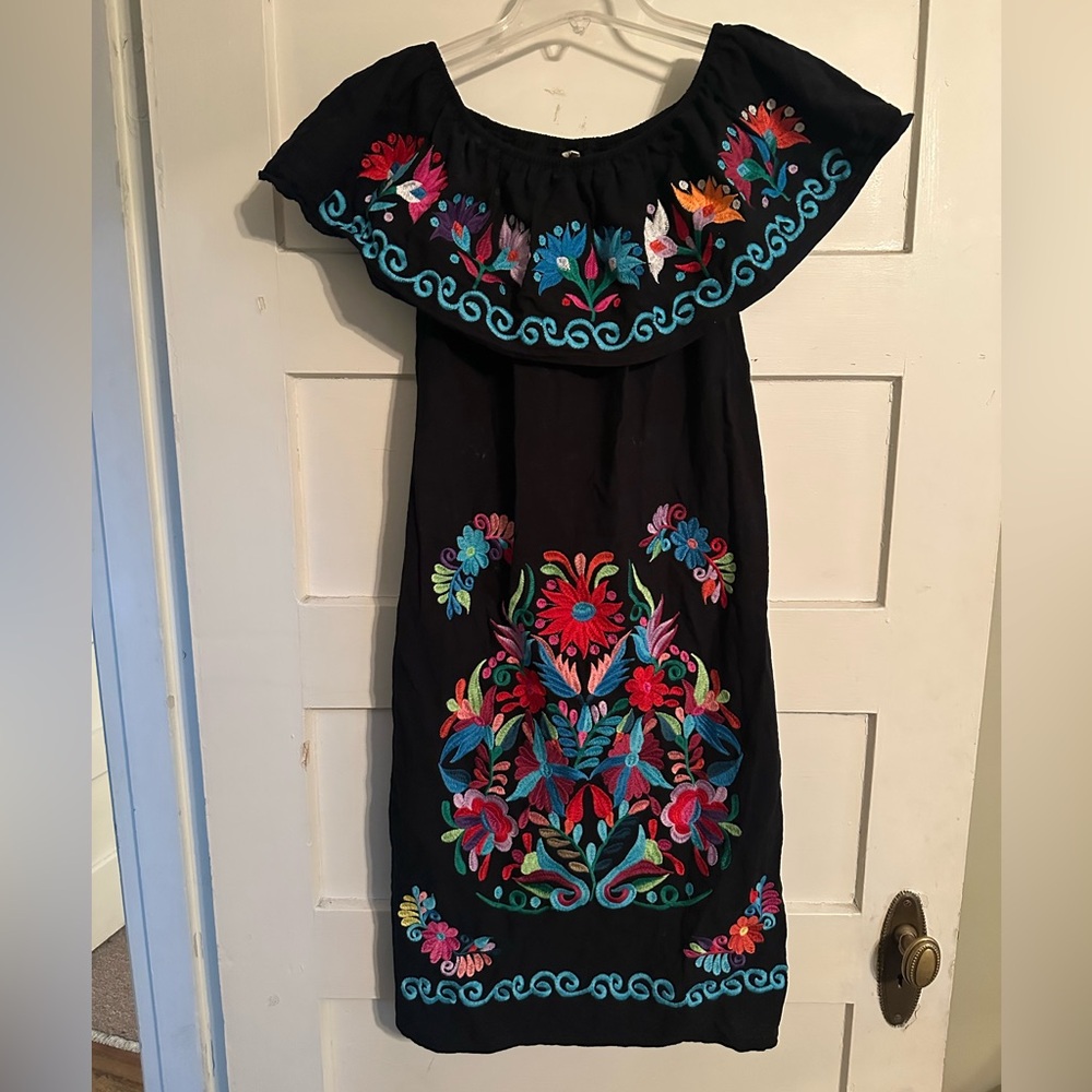 Embroidered Black Midi Dress